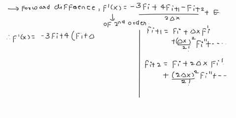 3-show-that-the-following-forward-difference-approximation-to-the-first-derivative-is-second-order-3f-4fi1-fi2-f-2-e-2ax-also-develop-an-estimate-for-the-error-e-that-is-associated-with-this-04619