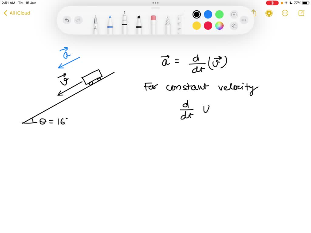 A toy car rolls down a ramp at a constant velocity. The car's mass is m