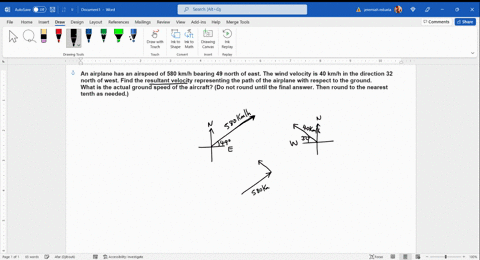 an-airplane-has-an-airspeed-of-580-kmh-bearing-49-north-of-east-the-wind-velocity-is-40-kmh-in-the-direction-32north-of-west-find-the-resultant-velocity-representing-the-path-of-the-airplane-61708