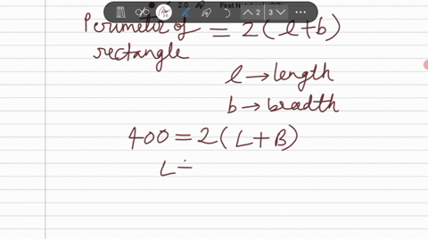 the-perimeter-of-a-rectangle-is-400-meters-express-the-area-a-as-a-function-of-the-length-l-and-state-the-domain-of-this-function-33462