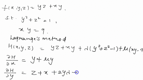 point-find-the-maximum-and-minimum-values-of-the-function-fxy-z-yz-xy-subject-to-the-constraints-y-22-and-xy-9-maximum-value-32-minimum-value-is-12-99116