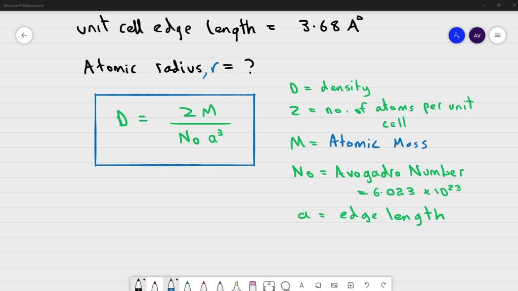 SOLVED Manganese has a density of 7.33 g / cm^3 and unit cell edge length of 3.68 Å. Calculate