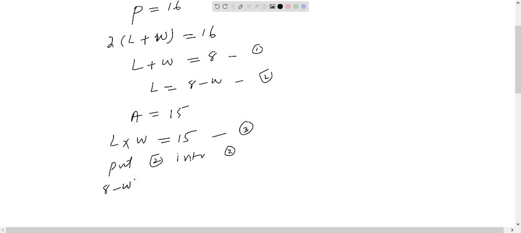 SOLVED: The perimeter of a rectangle is 16 inches and its area is 15