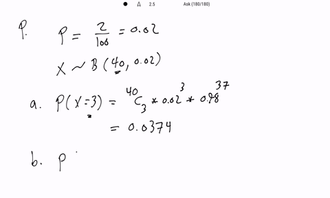 two-percent-of-the-parts-produced-by-a-machine-are-defective-forty-parts-are-selected-define-the-random-variable-x-to-be-the-number-of-defective-parts_-what-is-the-probability-that-exactly-3-13505
