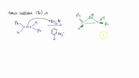 draw-a-reaction-mechanism-for-the-reaction-between-bromine-and-trans-stilbene-clearly-show-the-nucleophilic-attack-of-br-on-both-carbons-of-the-cyclic-bromenium-ion-and-the-stereochemical-ou-35485