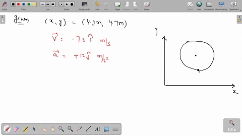 a-particle-moves-horizontally-in-uniform-circular-motion-over-a-horizontal-xy-plane-at-one-instant-it-moves-through-the-point-at-coordinates-490-m-470-m-with-a-velocity-of-730-i-ms-and-an-ac-73741
