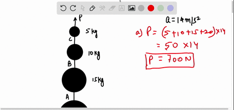 6-a-series-of-weights-connected-by-very-light-cords-are-given-an-upward-acceleration-of-1400-ms2-by-pull-p-as-shown-in-the-figure-a-b-and-c-are-the-tensions-in-the-connecting-cords-pull-p-50-90407