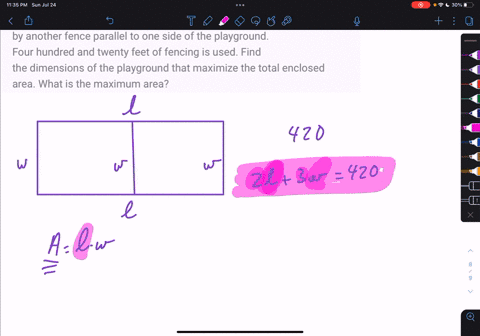 a-rectangular-playground-is-to-be-fenced-off-and-divided-in-two-by-another-fence-parallel-to-one-side-of-the-playground-four-hundred-and-twenty-feet-of-fencing-is-used-find-the-dimensions-of-99964