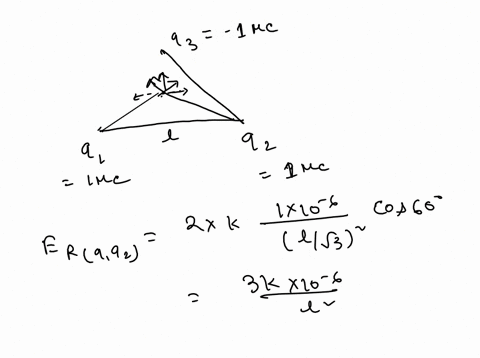 three-point-charges-q1-1-mc-q2-1-mc-q3-1-mc-are-placed-in-vertices-of-an-equilateral-triangle-which-has-2-m-long-sides-a-find-electric-field-magnitude-and-direction-and-electric-potential-ma-38793