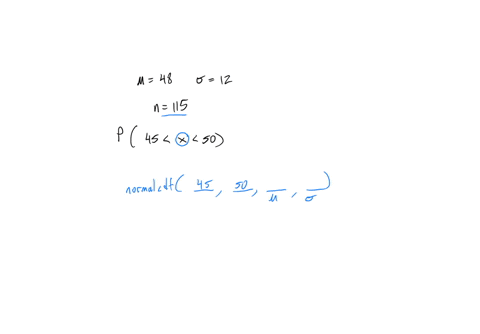 a-sample-of-size-115-will-be-drawn-from-a-population-with-mean-48-and-standard-deviation-12-find-the-probability-that-x-will-be-between-45-50