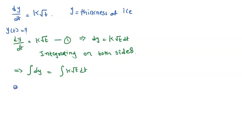 SOLVED: point) Ice is forming on pond at rate given by dy =kvi, where Y ...