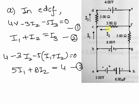under-steady-state-conditions-you-must-apply-kirchoffs-laws-a-find-the-unknown-currents-iii2-and-i3-in-the-multi-circuit-shown-below-b-what-is-the-charge-on-the-capacitor-400v-500-300-w-i-12-80733
