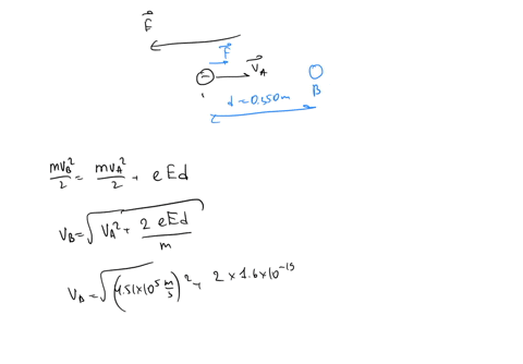 a-an-electron-is-moving-east-in-a-uniform-electric-field-of-145-nc-directed-to-the-west-at-point-a-the-velocity-of-the-electron-is-451105-ms-pointed-toward-the-east-what-is-the-speed-of-the-44726