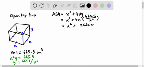 an-open-top-box-with-height-y-and-a-square-base-with-side-length-x-has-a-volume-of-6655-cm3-our-goal-is-to-find-the-dimensions-x-and-y-that-minimize-the-amount-of-material-used-1st-find-a-fo-48384