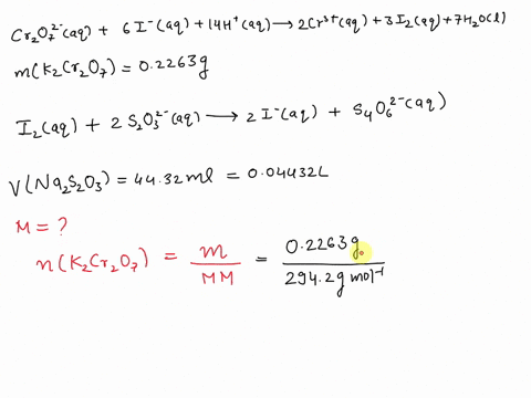 5-a-solution-of-sodium-thiosulfate-nazszo3-is-standardized-using-pure-potassium-dichromate-kcrzov-the-standardization-first-involved-reaction-of-02263-grams-of-kzcrzoz-with-excess-kl-and-exc-26732