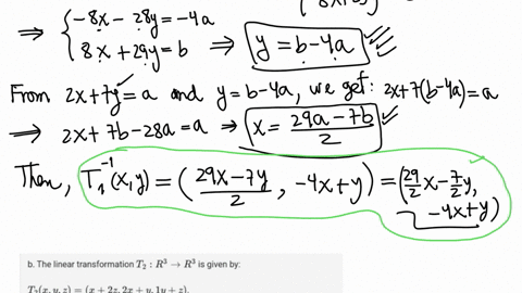 a-the-linear-transformation-t_1-r2-rightarrow-r2-is-given-by-t_1x-y2-x7-y-8-x29-y-find-t_1-1x-y-t_1-1x-yleftsquare-mathrmx-frac72-mathrmy-square-mathrmx1-mathrmyright-b-the-linear-transformation-t_2-r