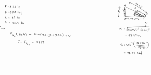 a-frame-consists-of-two-members-abc-and-dc-and-two-identical-pulleys-with-radii-r-324-in-the-frame-supports-an-applied-force-f-1600-lbf-and-is-held-in-equilibrium-by-fixed-pins-at-a-and-d-an-99029
