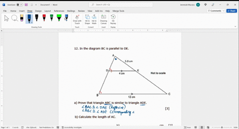in-the-diagram-bc-is-parallel-to-de-net-to-scale-a-prove-that-triangle-abc-similar-to-triangle-ade-b-calculate-the-length-of-ac-c-find-the-ratio-area-of-quadrilateral-dbce-area-of-triangle-a-69865