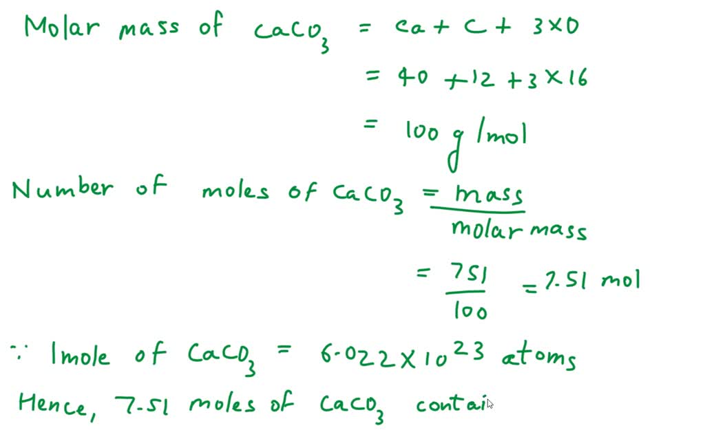 The mass of a sample of CaCO3 is 751 grams. How many total atoms are