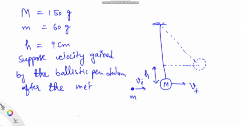 a-ballistic-pendulum-has-a-mass-m-150-g-a-metal-ball-projectile-mass-m-60-g-is-shot-into-the-pendulum-and-the-pendulum-swings-upward-to-a-height-h-9cm-when-it-comes-to-rest-on-a-notched-rack-68785