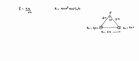 two-charges-of-magnitudes-16-nc-and-9-nc-are-separated-by-m-as-shown-in-figure-what-is-the-magnitude-of-the-electric-field-at-the-point-p-which-is-at-4-m-from-the-first-charge-and-3-m-from-t-55393
