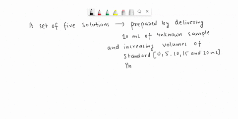 a-set-of-five-solutions-are-prepared-by-delivering-10-ml-of-unknown-sample-and-increasing-volumes-of-standard-0-5-10-15-and-20-ml-into-50-ml-volumetric-flasks-analytical-reagents-are-then-ad-51768