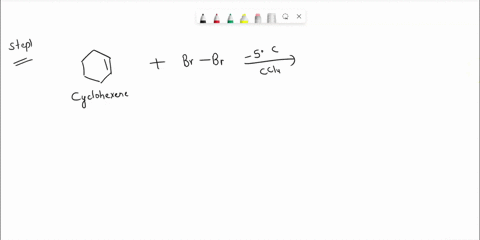 show-the-mechanism-for-the-given-reaction-conducted-at-55c-in-ccl4ccl4-cyclohexenebrominedibromocyclohexanecyclohexenebrominedibromocyclohexane-draw-wedge-and-dash-bond-stereochemical-struct-22722