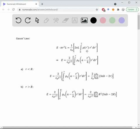 an-infinitely-long-insulating-cylinder-of-radius-r-has-a-volume-charge-density-that-varies-with-the-radius-as-rhorho_0lefta-fracrbright-where-rho_0-a-and-b-are-positive-constants-and-r-is-the-distan-2