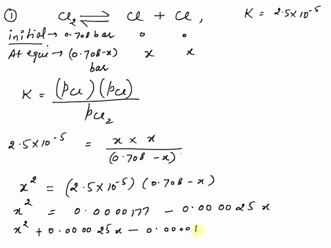 1-the-equilibrium-constant-for-the-dissociation-of-cl2-into-atomic-chlorine-at-1200-k-is-25e-5-if-cl2-gas-at-298-k-0708-bar-is-placed-in-a-sealed-container-and-heated-to-1200-k-what-is-the-e-64096
