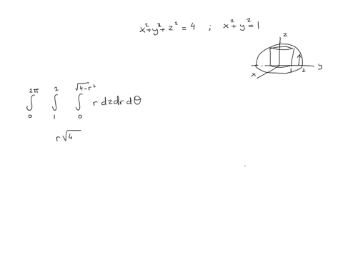 let-e-be-the-region-bounded-below-by-there-plane-above-by-the-sphere-x2-y2-22-4and-on-the-sides-by-the-cylinder-x2-y2-_-1-figure-as-followed-set-up-a-triple-integral-in-cylindrical-coordinat-70873