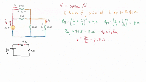 find-v_1-and-v_2-in-the-circuit-shown-in-fig-243-also-calculate-i_1-and-i_2-and-the-power-dissipated-in-the-12-omega-and-40-omega-resistors-answer-v_110-mathrmv-i_18333-mathrmma-p_18333-mathrmw-v_22-4