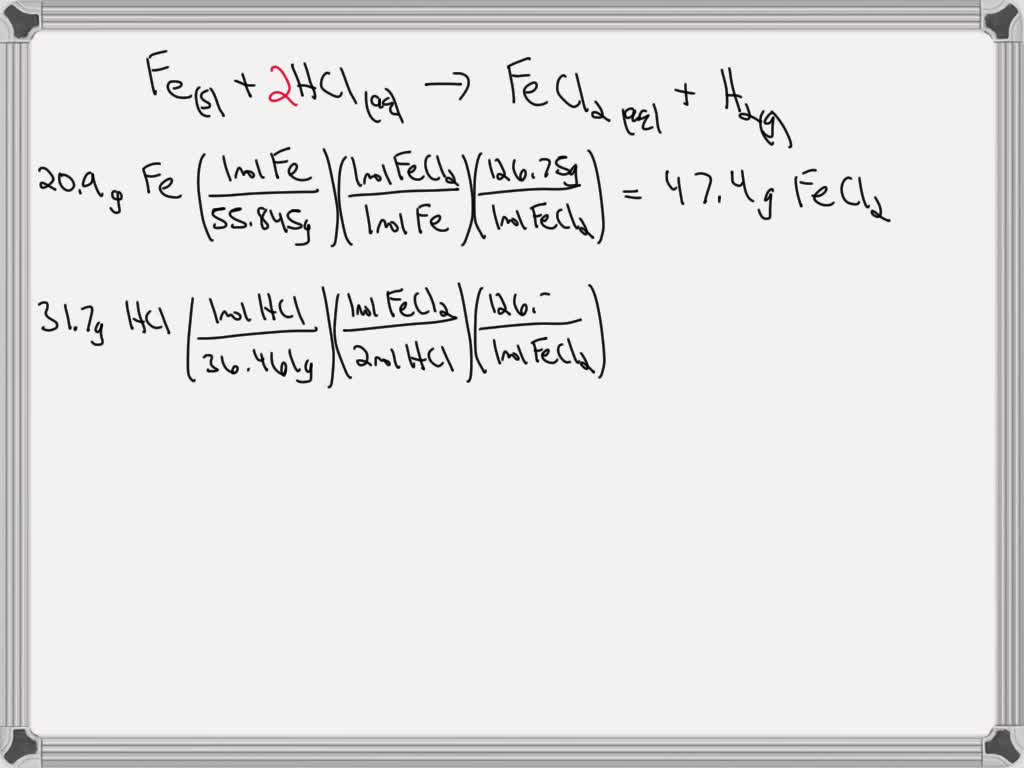 SOLVED For the following reaction, 20.9 grams of iron are allowed to react with 31.7 grams of