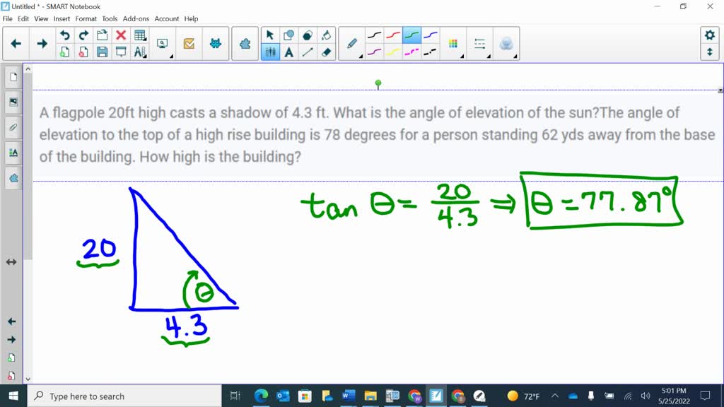 SOLVED: A flagpole 20 ft high casts a shadow of 4.3 ft. What is the ...