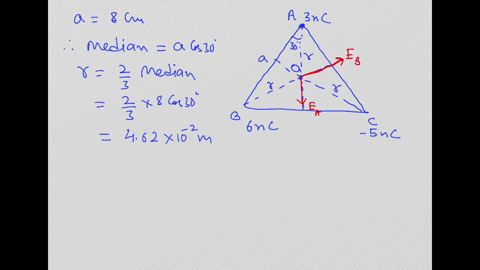 three-charge-particles-of-3nc-6nc-and-5nc-are-at-the-corners-of-an-equilateral-triangle-the-sides-of-the-triangle-are-8-cm-find-the-electric-field-at-the-center-of-the-equilateral-triangle-02568