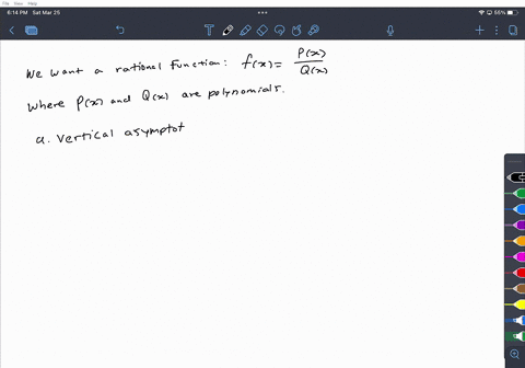 create-one-rational-function-with-all-of-the-following-properties-a-vertical-asymptote-at-x-2-b-horizontal-asymptote-at-y3-c-an-x-intercept-at-x1-30493