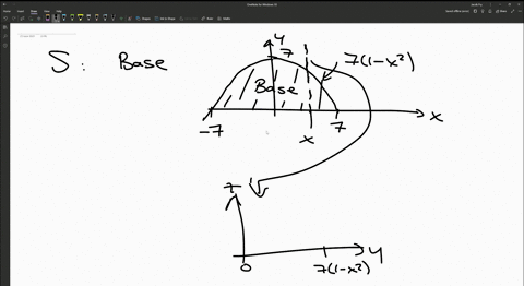 find-the-exact-volume-v-of-the-solid-s-whose-base-is-the-region-enclosed-by-the-parabola-y77x2-and-the-x-axis-cross-sections-perpendicular-to-the-x-axis-are-isosceles-triangles-with-height-e-93742
