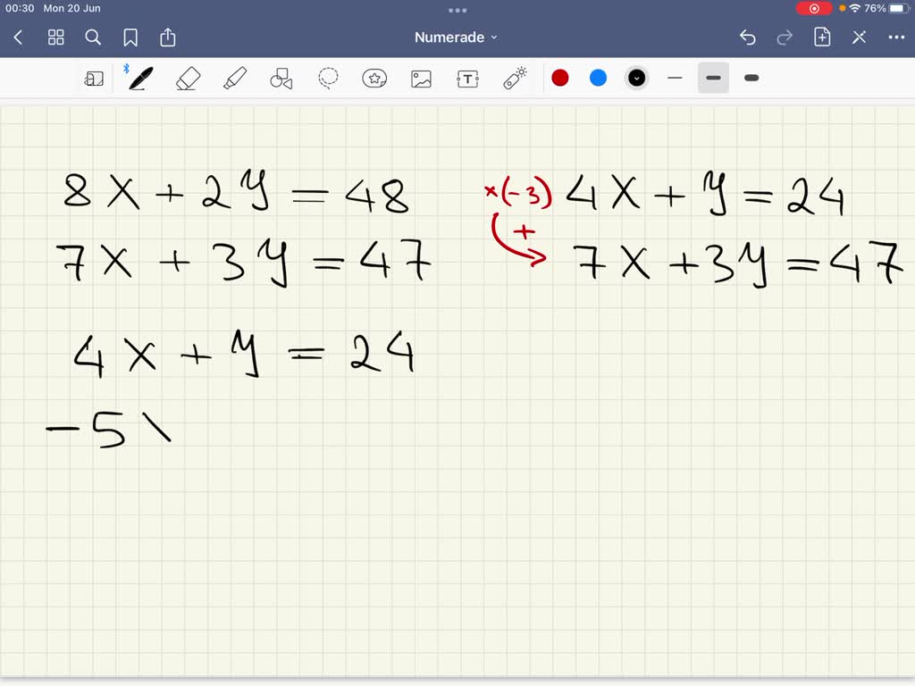 Resolver {l}{8x+2y=46}{7x+3y=47}