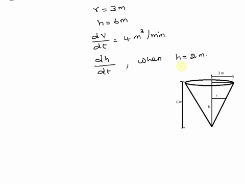 water-tank-has-the-shape-of-an-inverted-circular-cone-with-base-radius-3-m-and-lheight-6-m-if-water-is-pumped-into-the-tank-at-a-rate-of-4-m3min-find-the-rate-at-which-the-water-ievel-is-ris-46843