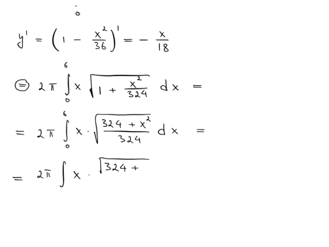 write-and-evaluate-the-definite-integral-that-represents-the-area-of-the-surface-generated-by-revolving-the-curve-on-the-indicated-interval-about-the-y-axis-beginarrayl-y1-fracx236-quad-0-leq-x-leq-6
