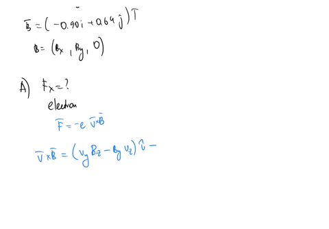 an-electron-moves-with-velocity-v-72i54j104ms-in-a-magnetic-field-b-090i064jt-a-determine-the-x-component-of-the-force-on-the-electron-b-determine-the-y-component-of-the-force-on-the-electron-c-determ