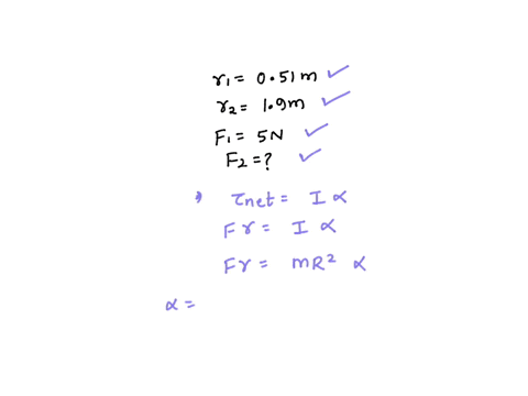 two-wheels-with-fixed-hubs-and-radii-051-m-and-19-m-each-having-a-mass-of-3-kg-start-from-rest-forces-5-n-and-f2-are-applied-tangentially-to-the-smaller-and-larger-wheels-respectively-in-ord-55723