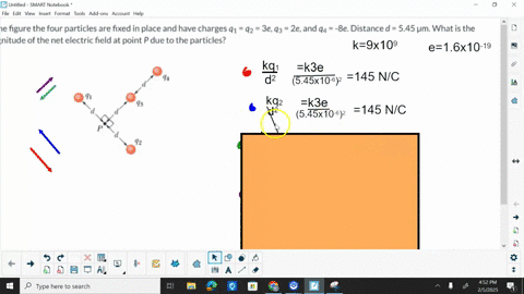 in-the-figure-the-four-particles-are-fixed-in-place-and-have-charges-q_1q_23-e-q_32-e-and-q_4-8-e-distance-d545-mu-mathrmm-what-is-the-magnitude-of-the-net-electric-field-at-point-p-due-to-the-parti-3