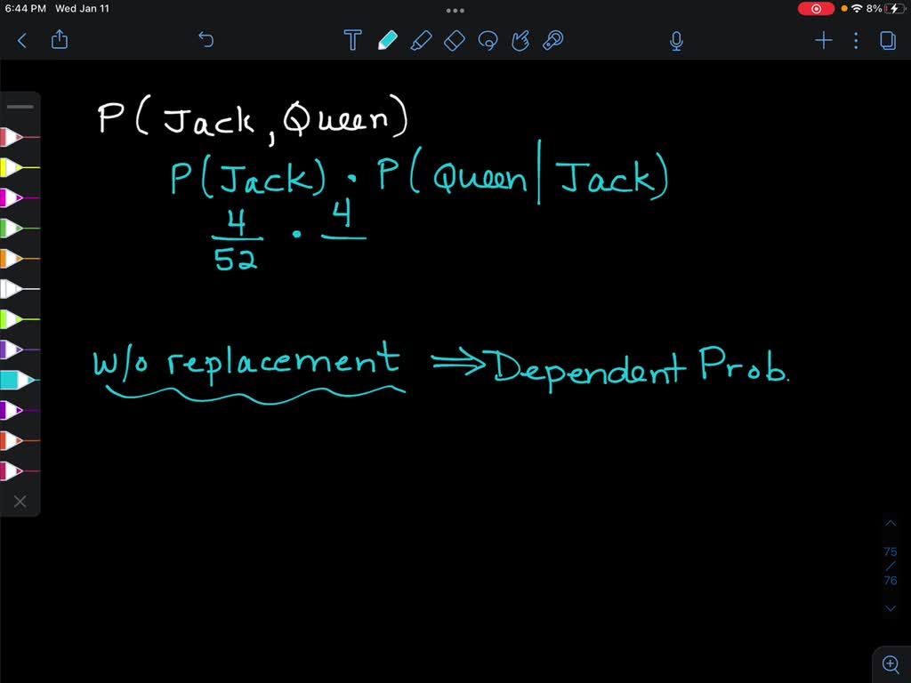 SOLVED what is the probability of drawing a jack and then a queen rom