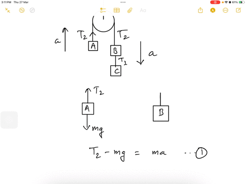 three-equal-weights-a-b-and-c-of-mass-6-kg-each-are-hanging-on-string-passing-over-a-fixed-frictionless-pulley-the-tension-in-the-string-between-connecting-weights-b-and-c-is-42982