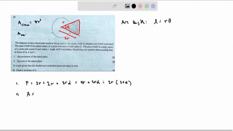 the-diagram-shows-a-metal-plate-made-by-fixing-together-two-pieces-oabcd-shaded-and-oaed-unshaded-the-piece-oabcd-is-a-minor-sector-of-a-circle-with-center-o-and-radius-2r-the-piece-oaed-is-14789