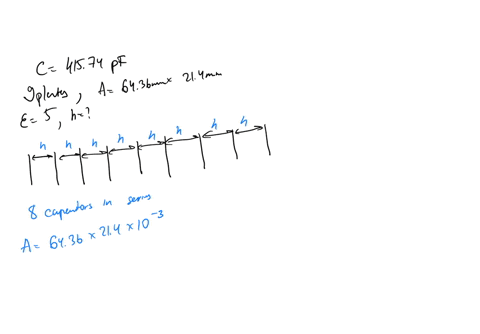 a-parallel-plate-capacitor-has-a-capacitance-of-41574-pf-it-has-9-plates-each-6436-mm-by-214-mm-separated-by-mica-having-a-relative-permittivity-of-5-calculate-the-thickness-of-the-mica-give-your-answ