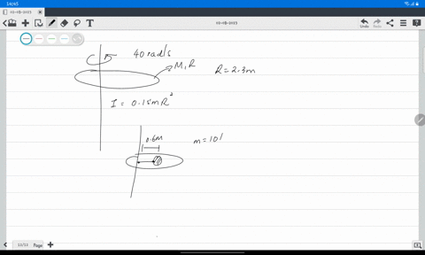 a-50-kg-disk-is-spinning-about-a-vertical-axis-of-rotation-with-a-radius-of-23-m-and-a-rotational-inertia-of-015-mr2-and-it-has-an-initial-angular-velocity-of-40-rads-a-10-kg-mass-falls-on-t-30264