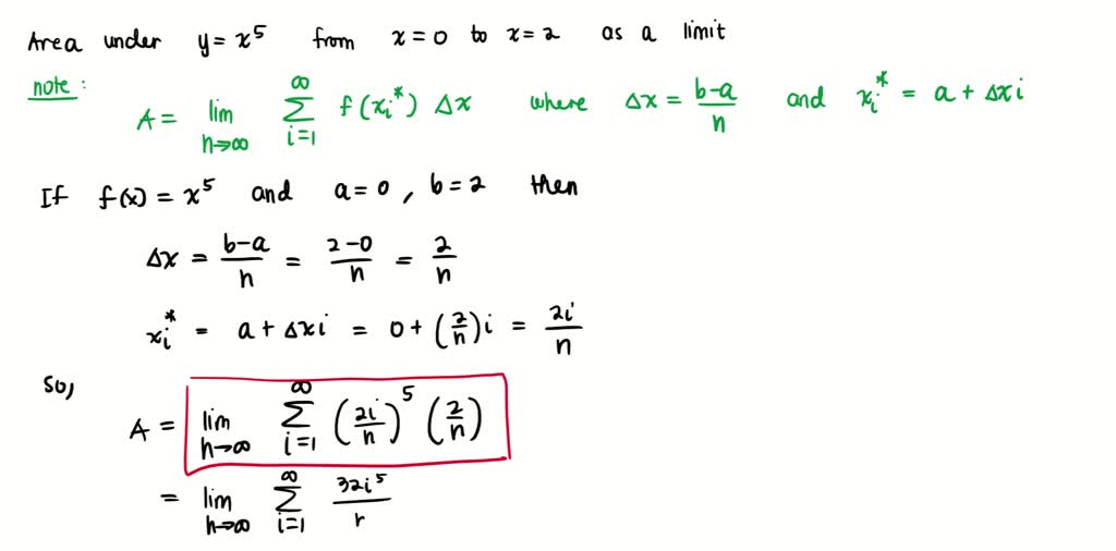 SOLVED: (a) Express the area under the curve y = x 5 from 0 to 2 asa limit.