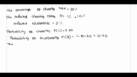 in-garden-30-of-the-trees-are-cherries-and-the-rest-are-blue-berries-one-fruit-is-randomly-selected-for-an-experiment-involving-pests-we-also-know-that-10-of-cherries-are-infected-whereas-on-64678