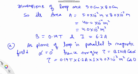 the-plane-of-a-50-cm-times-80-cm-rectangular-loop-of-wire-is-parallel-to-a-019-t-magnetic-field-the-loop-carries-a-current-of-62-a-a-what-torque-acts-on-the-loop-b-what-is-the-magnetic-moment-of-the-2
